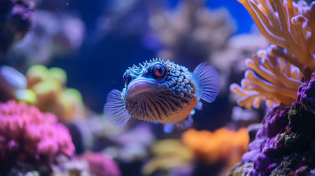 Tropical fish in the aquarium. Colorful underwater world with corals and tropical fish.の写真素材