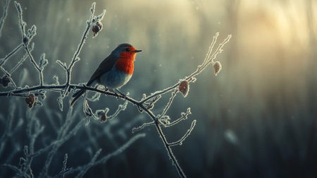 Robin bird sitting on a branch covered with frost in the winter forestの写真素材