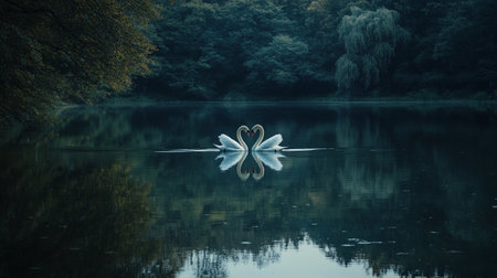 Beautiful swan floating on the lake with reflection in the waterの素材