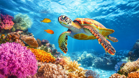 Hawaiian Green Sea Turtle swimming over coral reef in Hawaii.の素材