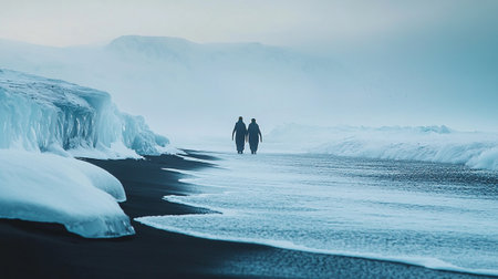 Icelandic landscape with couple walking along the black sand beach in winterの写真素材