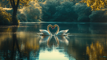 Beautiful couple of swans swimming on a lake in autumn.の素材