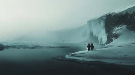 Couple in love hugging and kissing at the edge of a glacierの素材