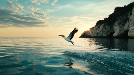 Pelican flying over the sea at sunset, Crimea, Ukraineの写真素材