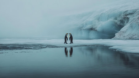 Two penguins standing on ice floe in Antarctica. Toned.の写真素材