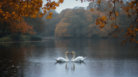 Beautiful couple of white swans swimming on the lake in autumnの写真素材