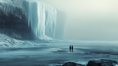 Winter landscape with frozen waterfall and man standing in water. 3d renderingの写真素材
