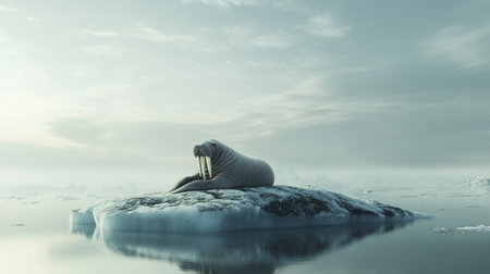 walrus on iceberg. 3d render illustration with copyspaceの写真素材
