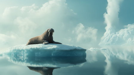 walrus sitting on the ice floe. 3d render illustrationの写真素材