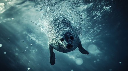 Seal swimming underwater and looking at camera. 3D Renderingの写真素材