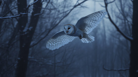 Barn Owl (Tawny Owl) in a foggy forestの写真素材