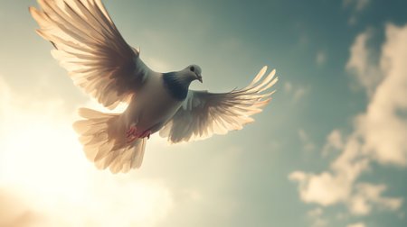 Flying white pigeon with blue sky and clouds background.の写真素材