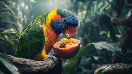 Colorful parrot eating fruit in the jungle. Colorful parrot bird.の写真素材