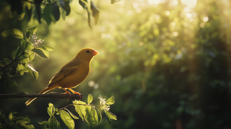 Yellow canary bird sitting on a branch in the rays of the sunの写真素材