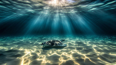 Stingray in the ocean. 3D render. Underwater scene.の写真素材