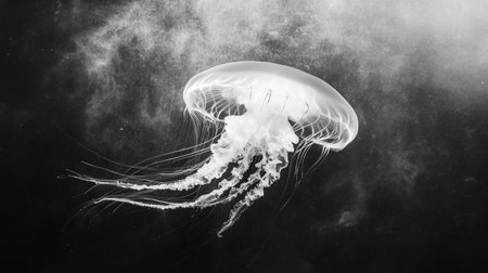 Black and white image of a jellyfish floating in the water.の写真素材