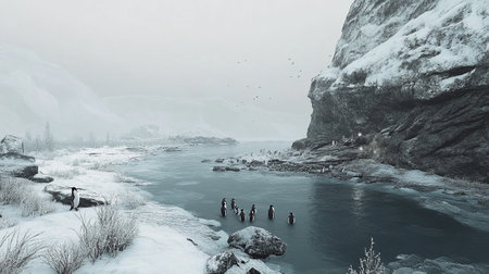 Icelandic landscape with frozen river and penguins. Filtered image processed vintage effect.の写真素材