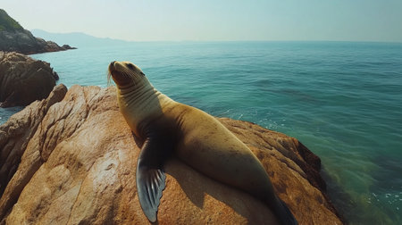 Sea lion lying on the rock and looking at the camera. Seascape with a sea lion.の写真素材
