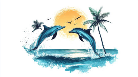 Dolphins jumping out of the water. Hand drawn vector illustration.の素材