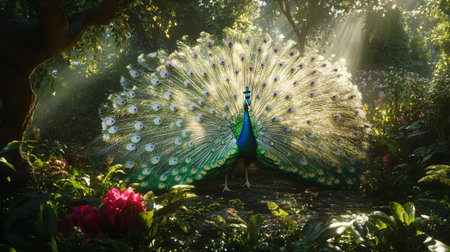Beautiful peacock in the garden at sunset time, Thailand.の素材
