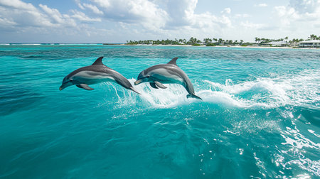 Dolphins jumping out of the water in Cayo Largo, Cubaの写真素材