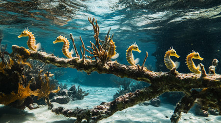 Underwater view of seahorses on a coral reef.の写真素材