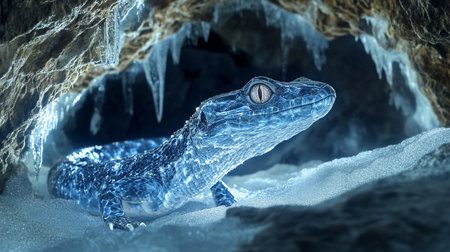 3d rendering of a crocodile in a cave with iciclesの写真素材