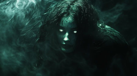 Closeup portrait of a beautiful woman in a dark smokey forestの写真素材