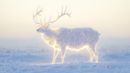 Reindeer in winter landscape with snow and fog at sunrise.の写真素材