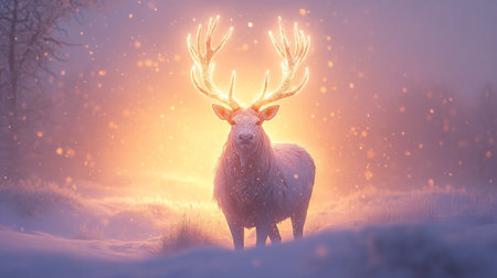 Foggy winter landscape with a deer. 3d render.の写真素材