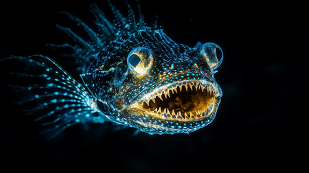 Close up of a blue fish on a black background with a big open mouthの写真素材