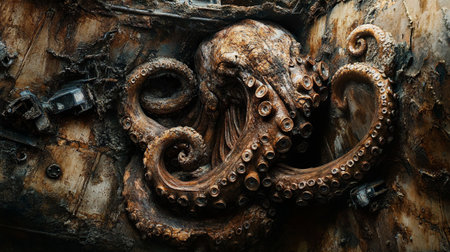 Octopus on the background of an old ship, close-upの写真素材