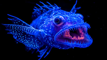 Tropical fish in blue light on a black background close upの写真素材