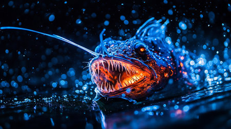 Close-up of a fish head on a dark background with water dropsの写真素材