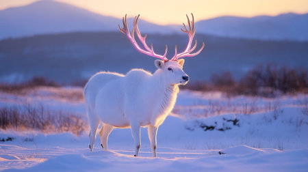 Reindeer in the snow at sunset. Beautiful winter landscape.の写真素材