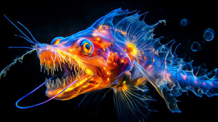 Colorful fish with neon lights on black background. 3D renderingの写真素材