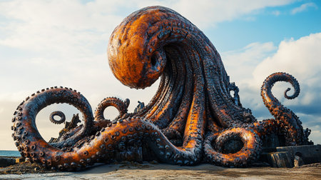 Octopus sculpture on the beach in Essaouira, Moroccoの写真素材