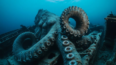 A large octopus on a shipwreck in the deep blue oceanの写真素材