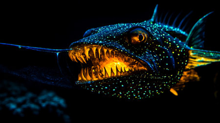 Close up of the head of a grouper fish on black backgroundの写真素材