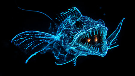 Close-up of a blue fish with open mouth on a black backgroundの写真素材