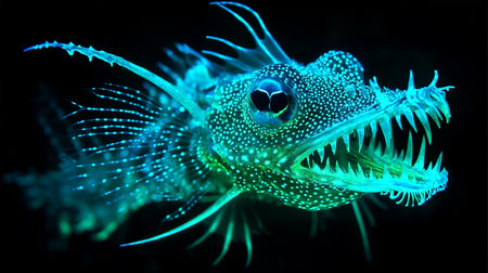 3d illustration of a fish in neon light on a black backgroundの写真素材