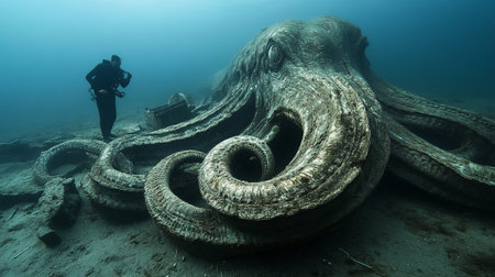 Underwater view of giant octopus with scuba diver in backgroundの写真素材
