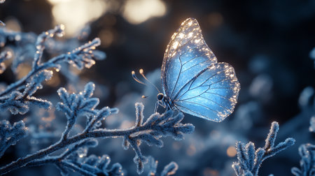 Blue butterfly sitting on a branch covered with hoarfrost at sunsetの写真素材