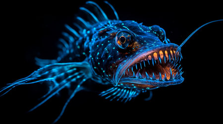 Close-up of the head of a fish in neon light.の写真素材