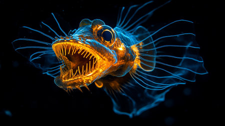 Close-up of a yellow fish in blue light on a black backgroundの写真素材