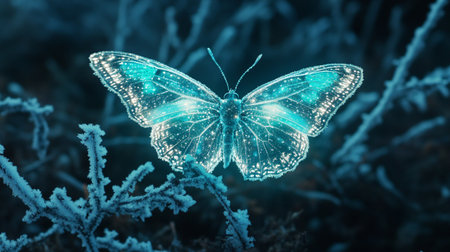 Beautiful butterfly on a background of the frozen grass. Blue tonedの写真素材