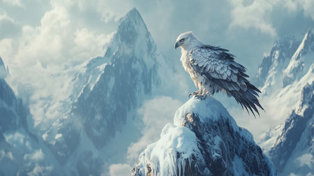 Eagle sitting on the top of a rock in the snowy mountainsの写真素材