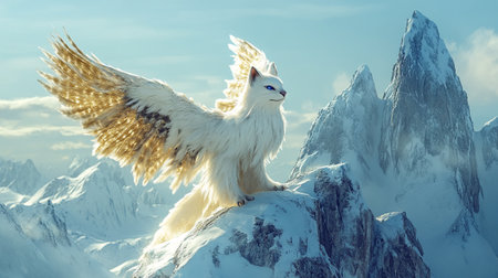White creature with wings spread on a mountain peak. 3d renderingの写真素材