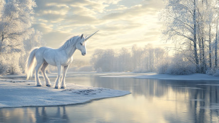 White unicorn in winter landscape with frozen lake and trees. 3d renderの写真素材