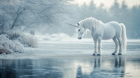 Beautiful white unicorn standing in a frozen lake in the winter forestの写真素材